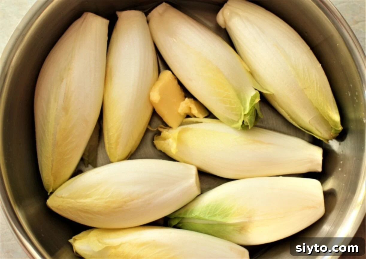 Chicons au Gratin: A Taste of Our Belgian Journey 9 Fresh Belgian endives neatly arranged in a pan with water and butter, ready for braising