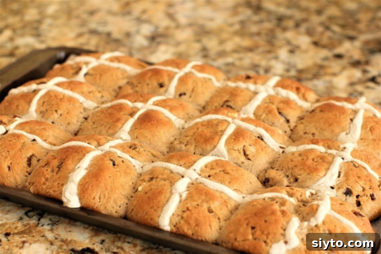 Fluffy Gluten-Free Hot Cross Buns 12 Freshly baked golden-brown gluten-free hot cross buns just out of the oven, smelling delicious