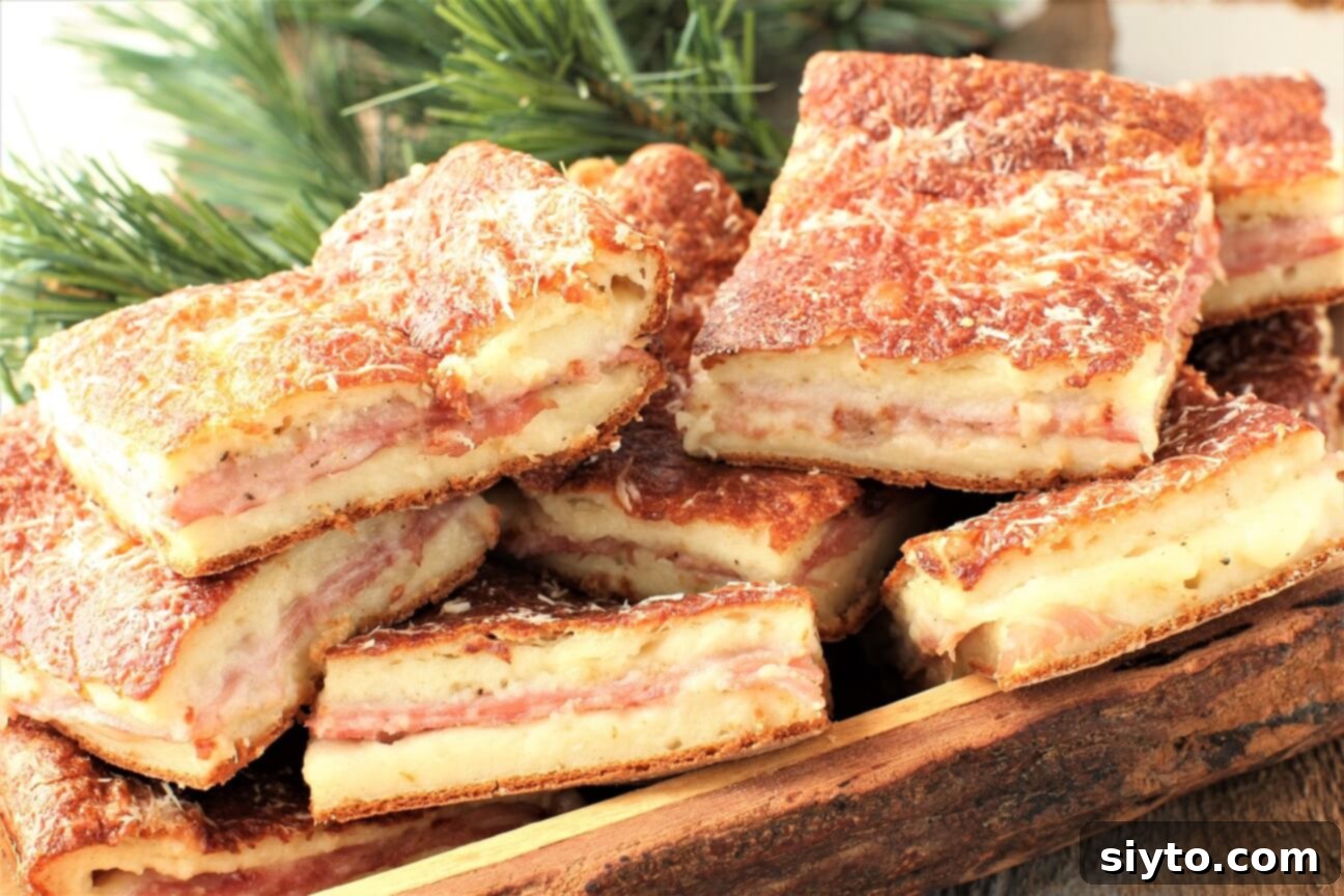 wooden bowl of baked ham & cheese sandwiches