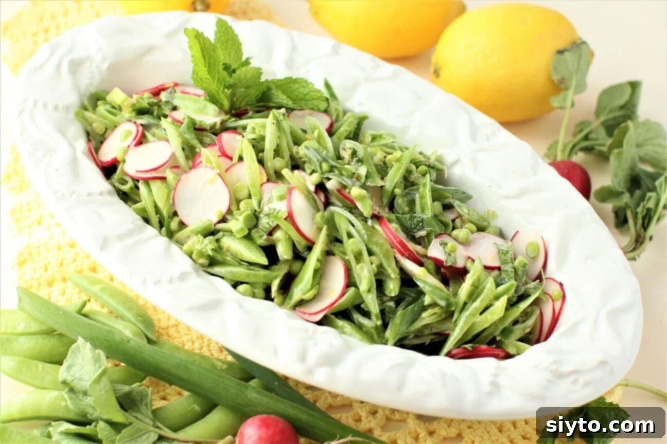 Snap Pea and Radish Salad: A Taste of Spring 11 A beautifully presented spring green snap pea and radish salad, ready for serving in a bowl.