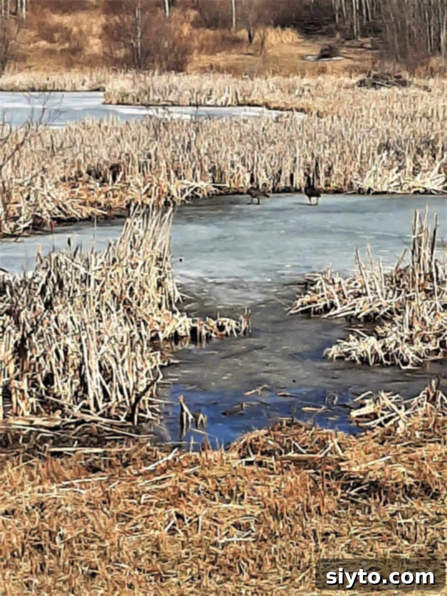 Snap Pea and Radish Salad: A Taste of Spring 6 Nesting Canada Geese on a partially melted pond, surrounded by reeds, actively preparing their nests.