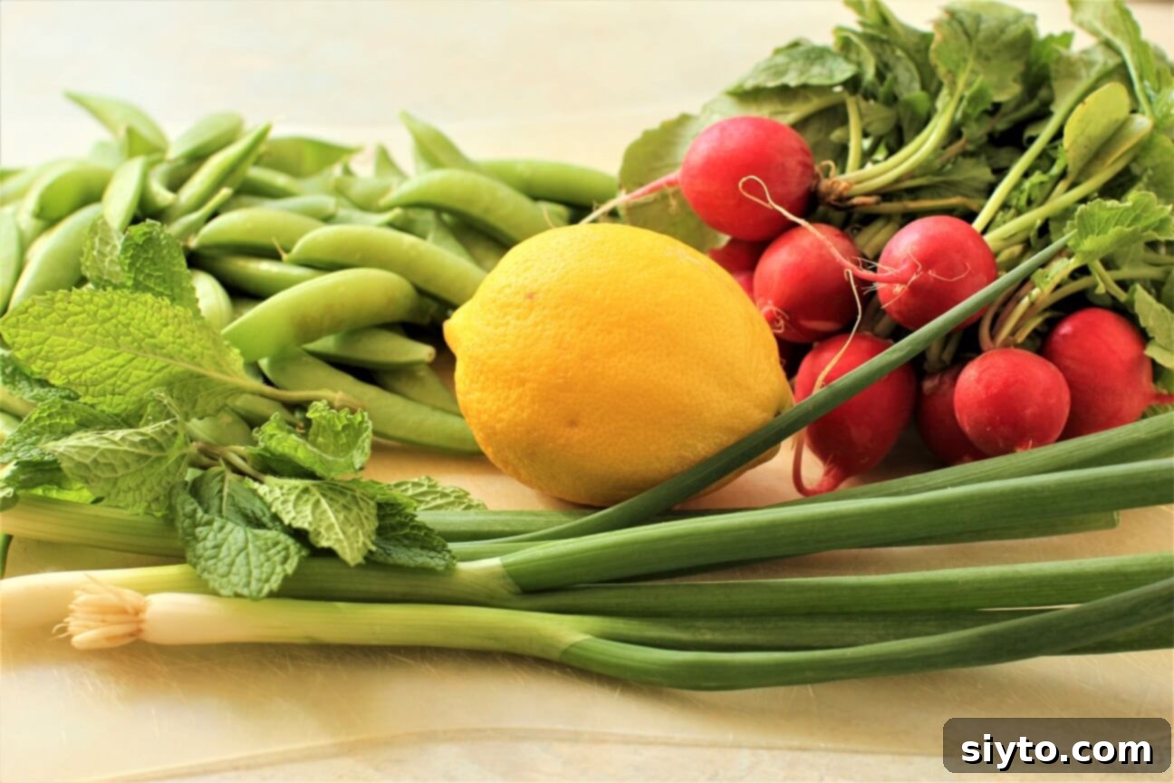 Snap Pea and Radish Salad: A Taste of Spring 7 A selection of fresh ingredients laid out for the snap pea & radish salad, including sugar snap peas, radishes, green onions, and fresh mint.
