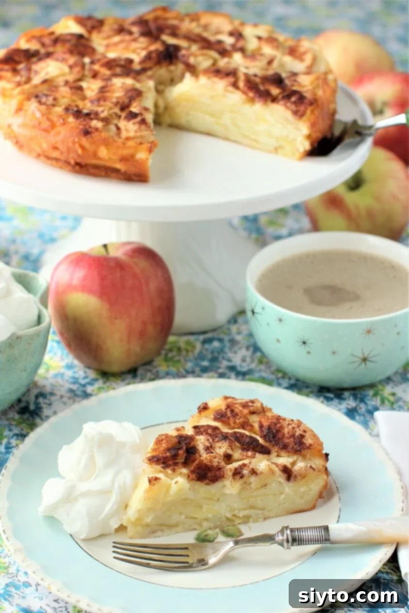 German Crustless Apple Pie: Creamy and Bursting with Apples 2 slice of crustless apple pie with dollop of whipped cream on blue plate, pie in the background