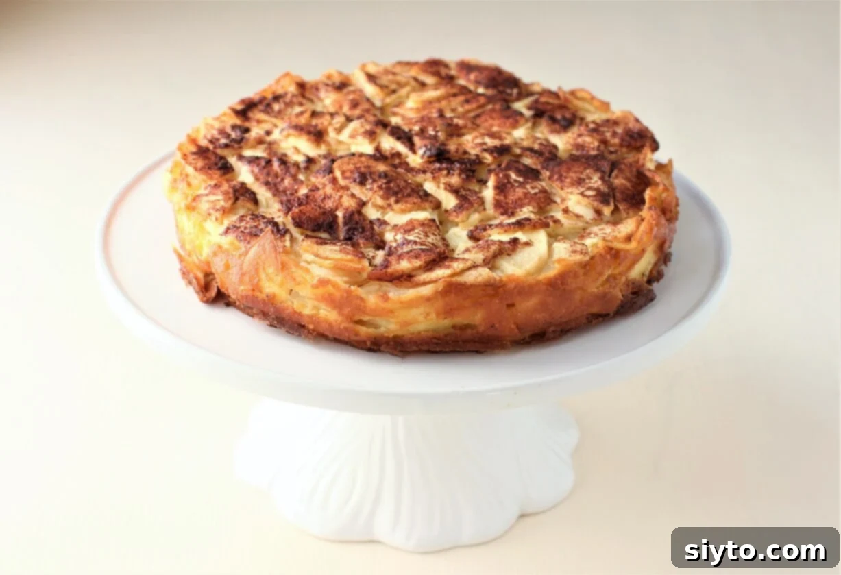German Crustless Apple Pie: Creamy and Bursting with Apples 12 the apple pie on a white cake stand