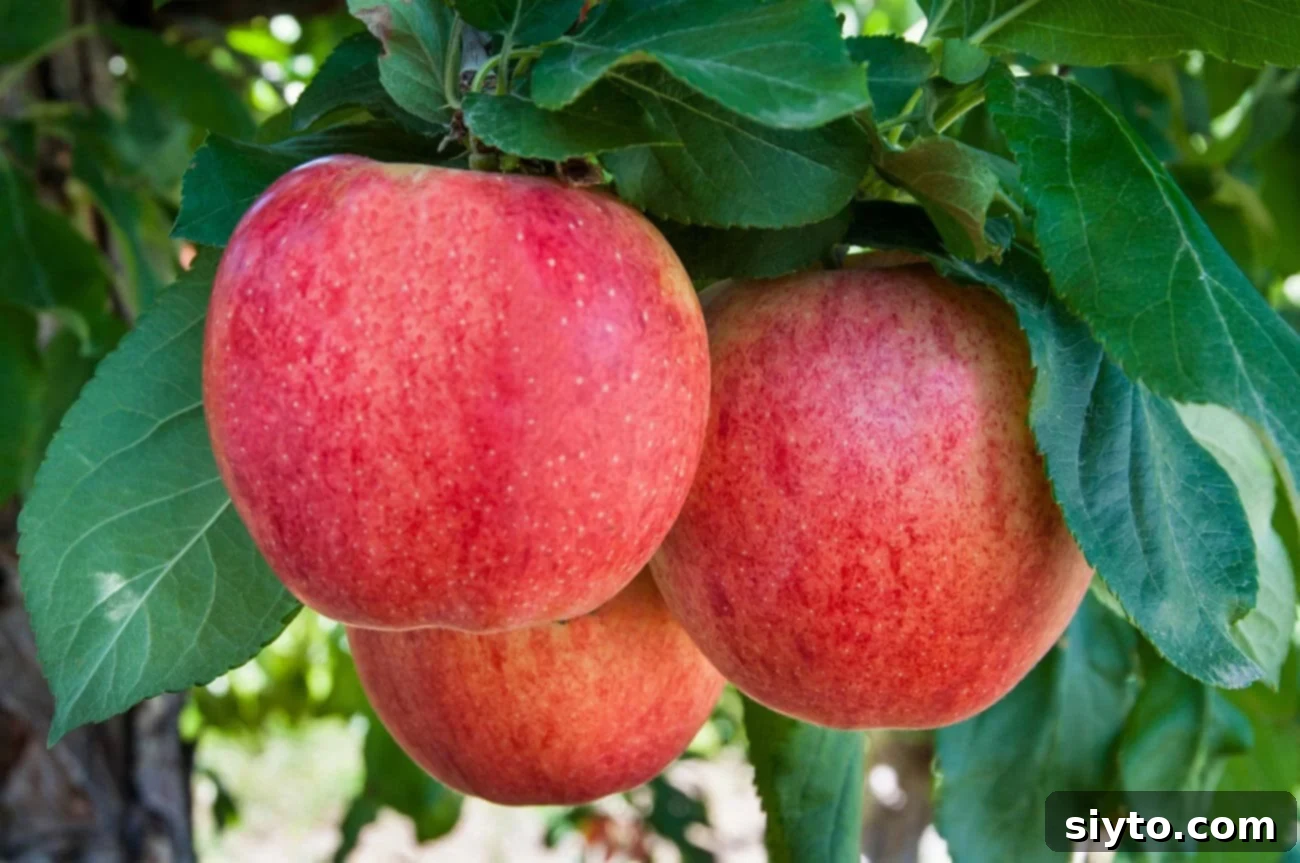 German Crustless Apple Pie: Creamy and Bursting with Apples 5 three rosy Fuji apples on the tree