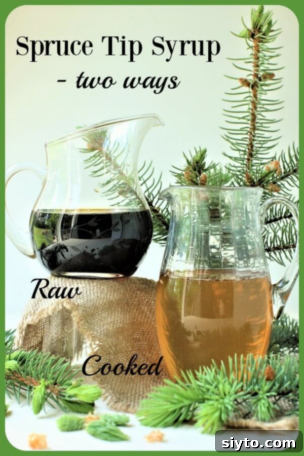 Pinterest banner for spruce tip syrup featuring jars of syrup and fresh spruce tips