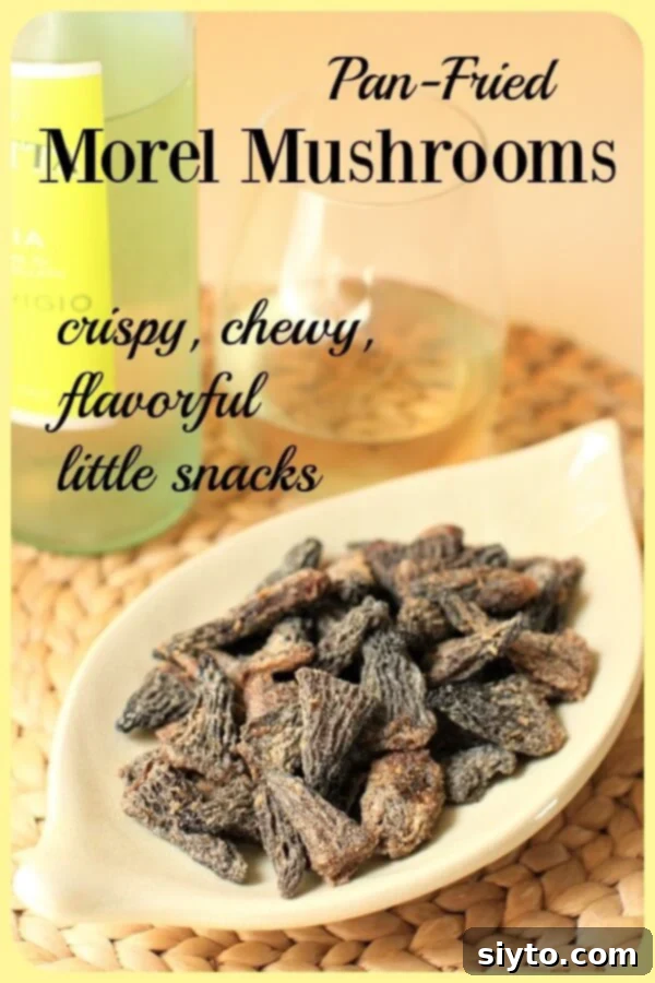 Savory Pan Fried Morel Mushroom Bites 13 Pinterest banner for pan-fried morel mushrooms, featuring a close-up of the crispy, golden mushrooms ready to be enjoyed, with text overlay.