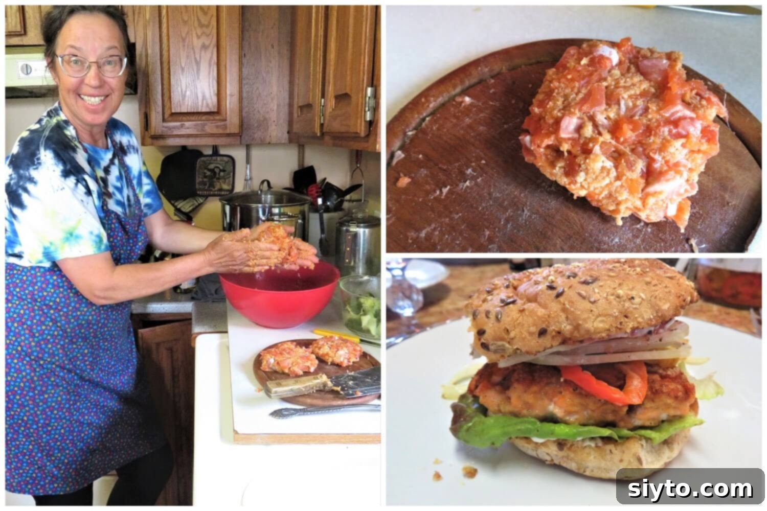 A collage showing Nancy expertly preparing fresh trout burgers with large chunks of fish, panko, egg, and spices.