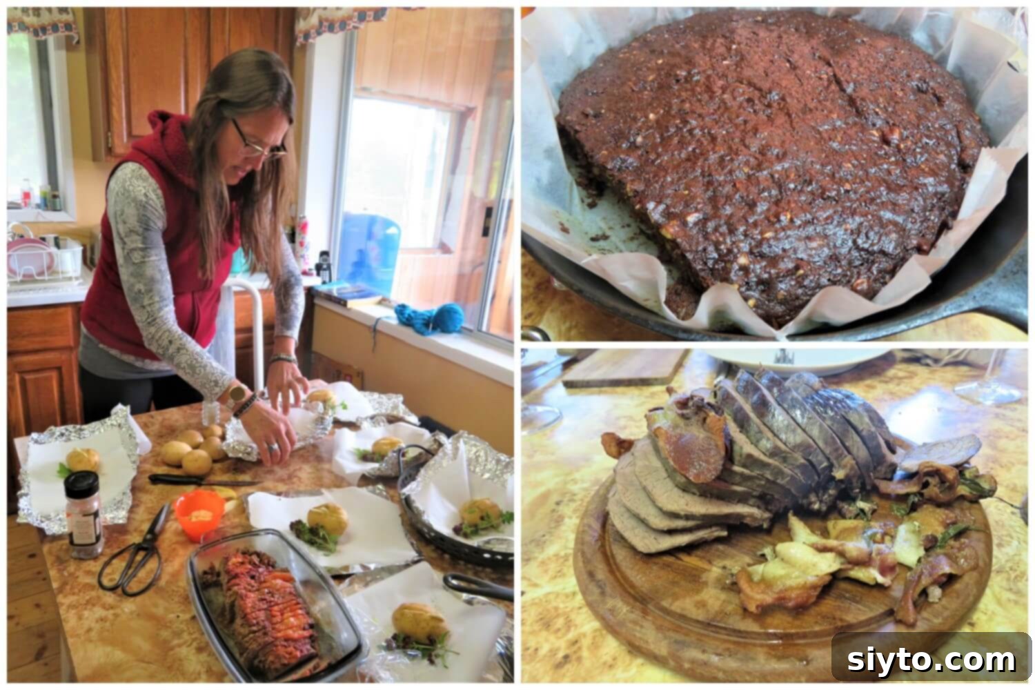 A collage featuring Rosalinda cooking a delightful dinner, including her signature garlic baked potatoes, a vibrant beet and avocado cake, and a tender bear roast.
