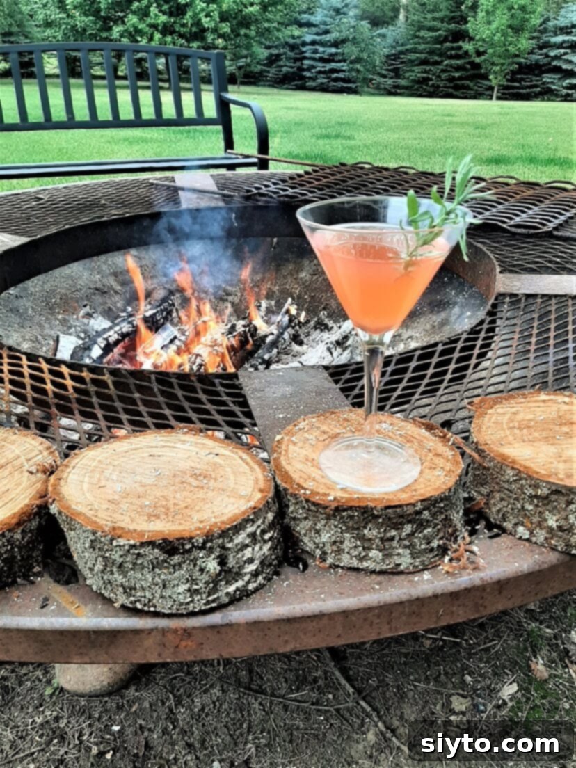 rhubarb kombucha cocktail set on a log in front of the campfire, glowing orange