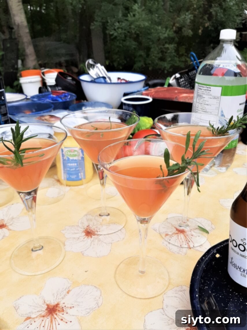 Four martini glasses filled with 'Sweet Rhuby' kombucha cocktail, garnished with lavender, on a picnic table