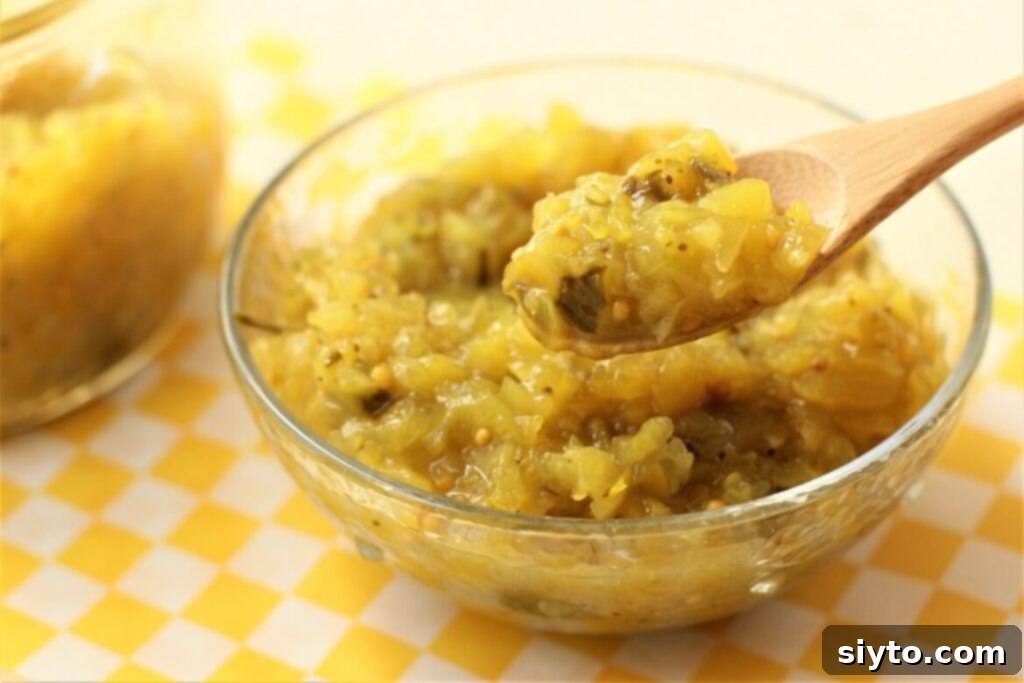 A spoonful of golden, zesty homemade relish