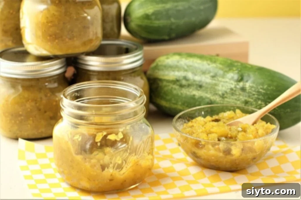 Horizontal view of relish jars and overripe cucumbers, showcasing the finished product and raw ingredients