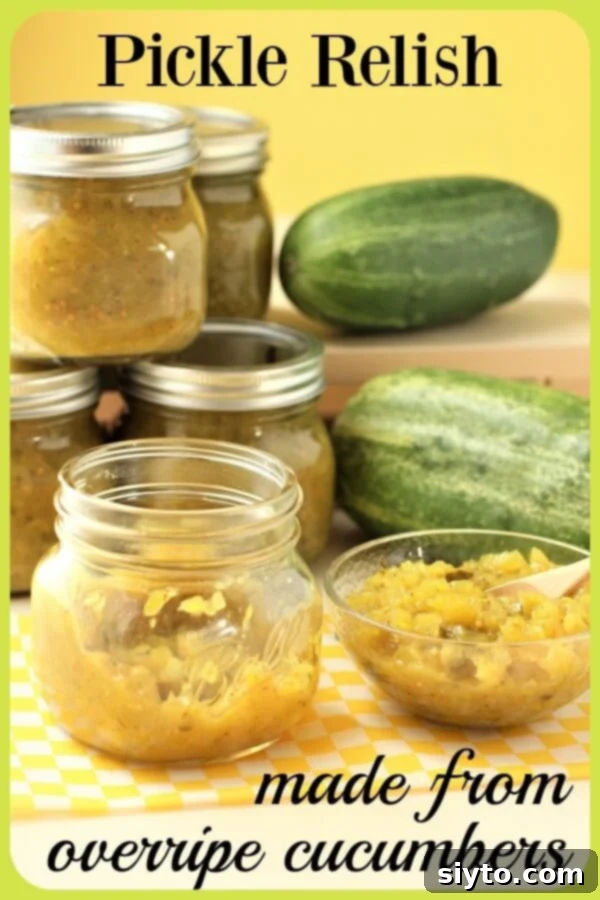 Pin for Overripe Cucumber Relish: Jars of relish, overripe cucumbers, and ingredients on a rustic background.