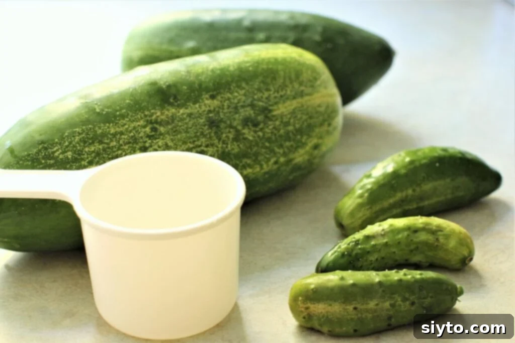 Comparison of large overripe cucumbers next to smaller, regular cucumbers with a measuring cup for scale