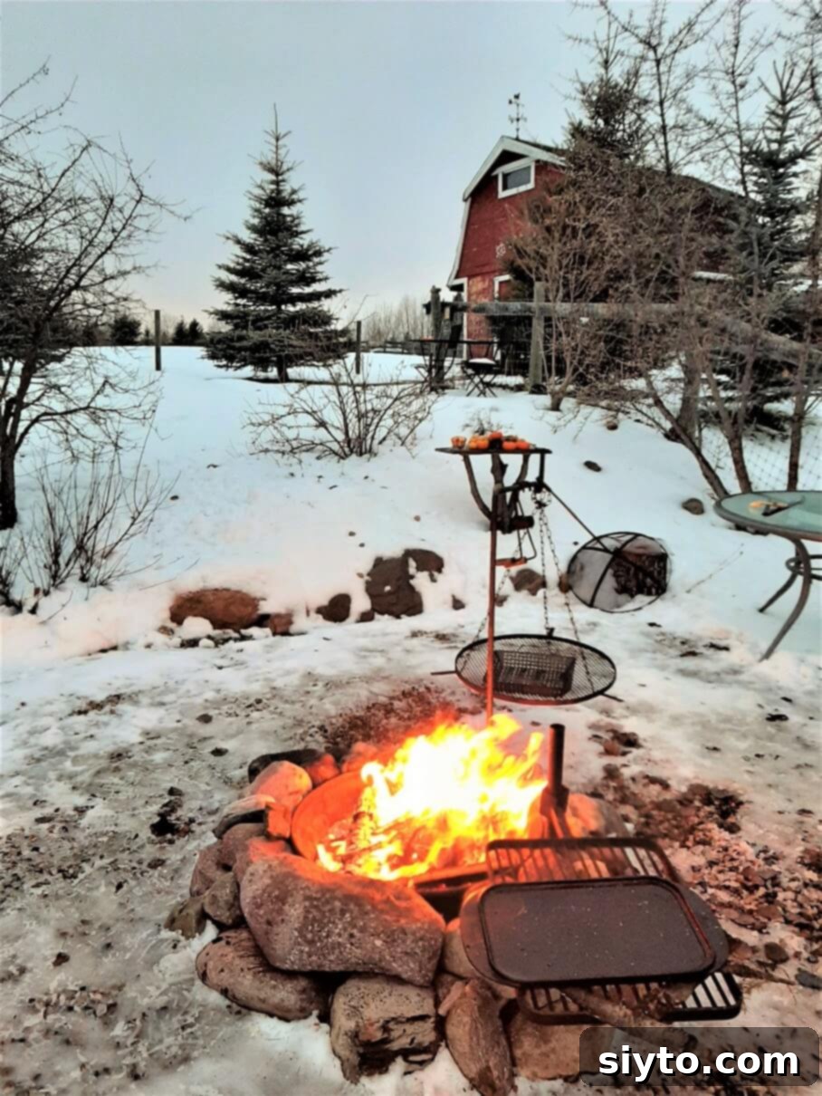 a roaring campfire in winter snow