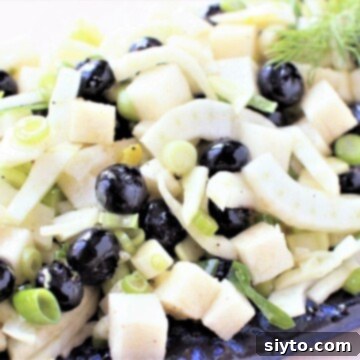 Close up view of the Jicama, Fennel, and Blueberry Salad, showing texture and color