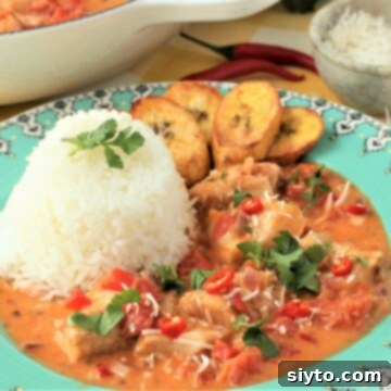 horizontal view of plateful of Ecuadorian fish in coconut sauce with mound of rice and fried plantain slices