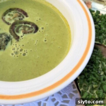 A close-up of a beautifully presented bowl of creamy fiddlehead soup, adorned with delicate grilled fiddlehead fronds, and accompanied by crispy chive toasts. The rich green color speaks of fresh spring flavors.