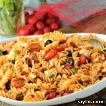 horizontal view of the Tomato Pasta Salad