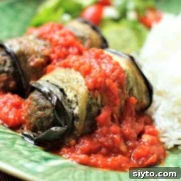 two kufta bil batinjal on a green plate with rice and salad
