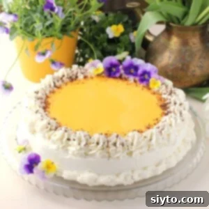 whole Eierlikörtorte, with egg liqueur layer on top and purple pansies.