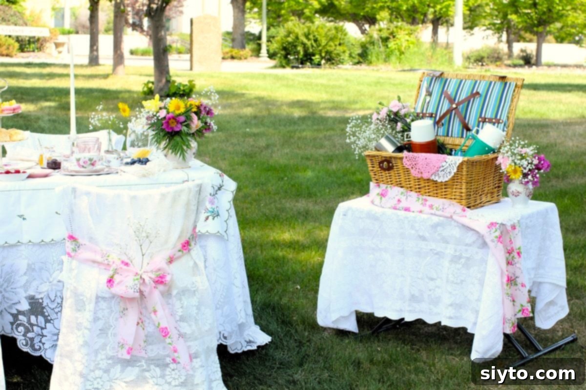 little side table with picnic basket filled with thermal jugs and fresh flowers, lace tablecloth.