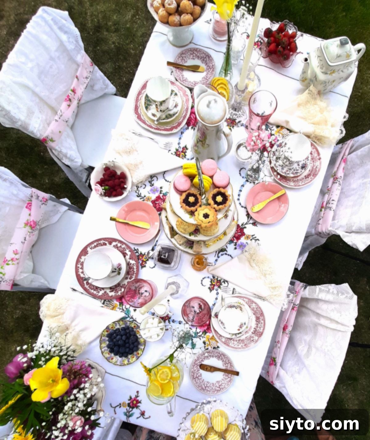 top down view of the whole tea table loaded with goodies.