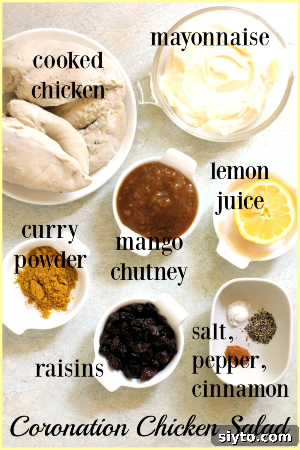 all the ingredients for coronation chicken salad laid on counter in small bowls and labeled.