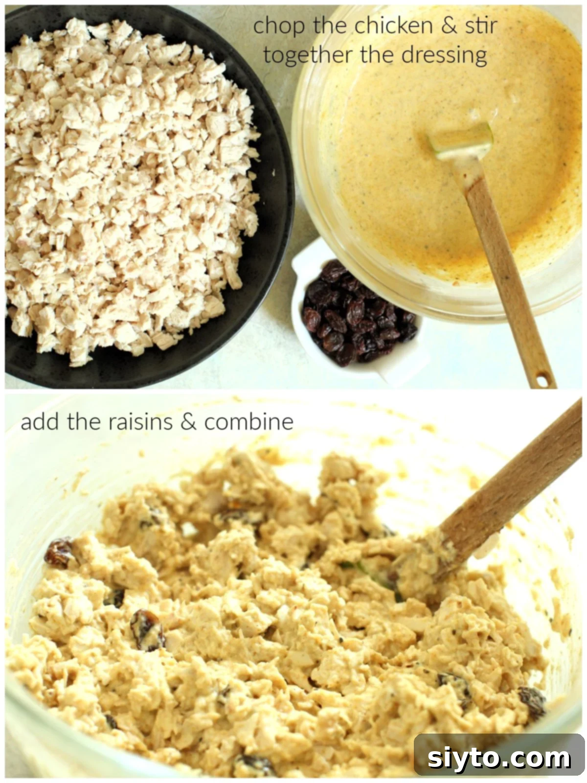 2 photos, top is bowl of chopped chicken and bowl of prepared dressing, bottom is bowl of mixed Coronation Chicken Salad