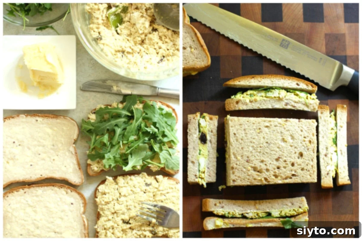 two photos, left is filling the sandwiches with Coronation Chicken Salad and arugula, right is cutting off the crusts.
