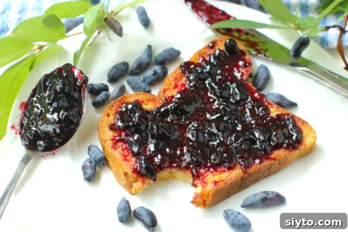 Homemade Haskap Honeyberry Jam Without Pectin 7 A rustic plate featuring a slice of bread generously spread with rich honeyberry (haskap) jam. Beside it, fresh haskaps and a spoonful of the deep purple jam complete the appetizing scene.