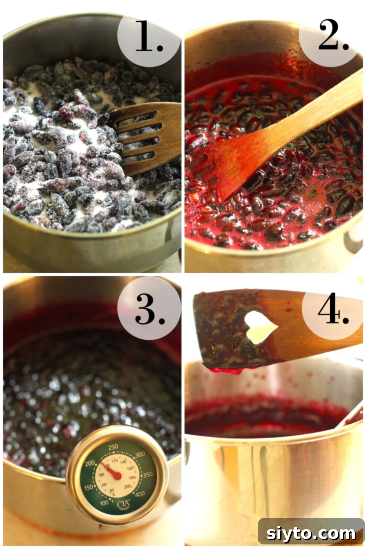 Homemade Haskap Honeyberry Jam Without Pectin 8 A four-panel collage illustrating the step-by-step process of making haskap (honeyberry) jam: 1. Berries and sugar combined in a pot. 2. Mixture boiling and bubbling. 3. Jam thickening, with a thermometer showing temperature. 4. A spoon test, with droplets running together, indicating the jell stage.