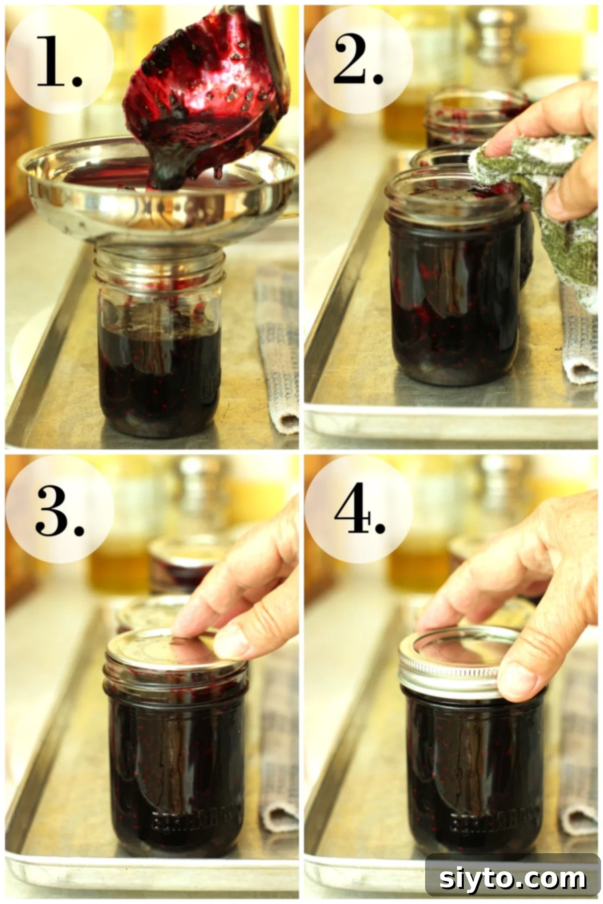 Homemade Haskap Honeyberry Jam Without Pectin 10 A four-panel collage demonstrating the process of filling and sealing jam jars for canning: 1. Filling a sterilized jar with hot jam using a funnel. 2. Wiping the jar rim clean. 3. Placing a hot snap lid on the jar. 4. Screwing on the metal band finger-tight.