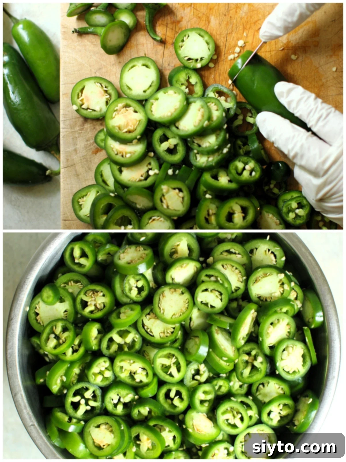 Two images: top showing hands slicing jalapenos on a cutting board, bottom showing a bowl full of sliced jalapenos.