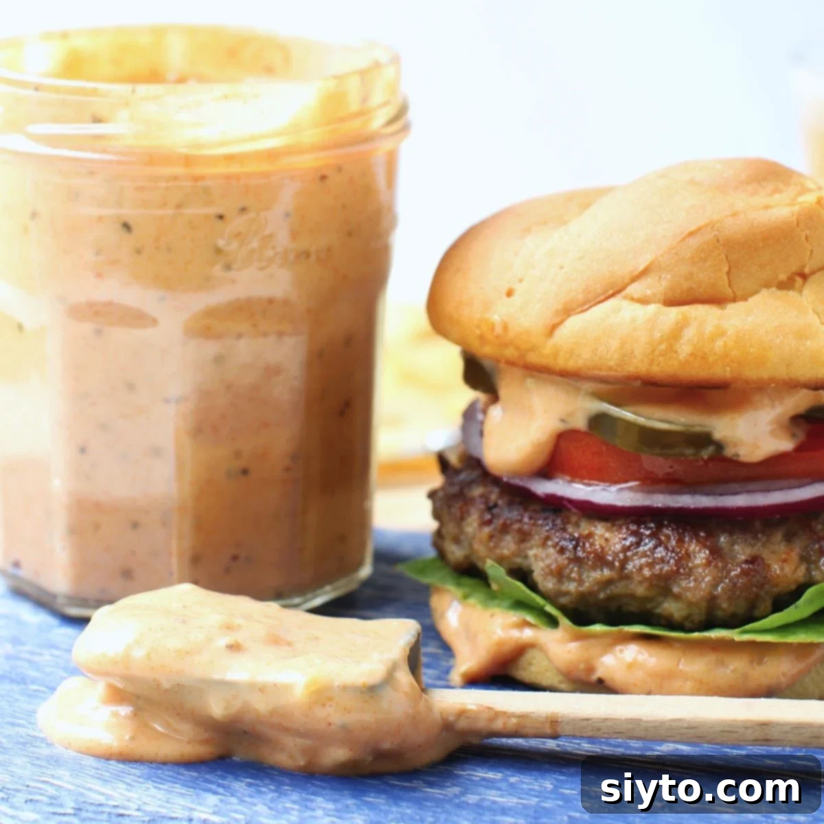 thumbnail photo - jar of secret burger sauce next to a burger loaded with toppings and dripping burger sauce.