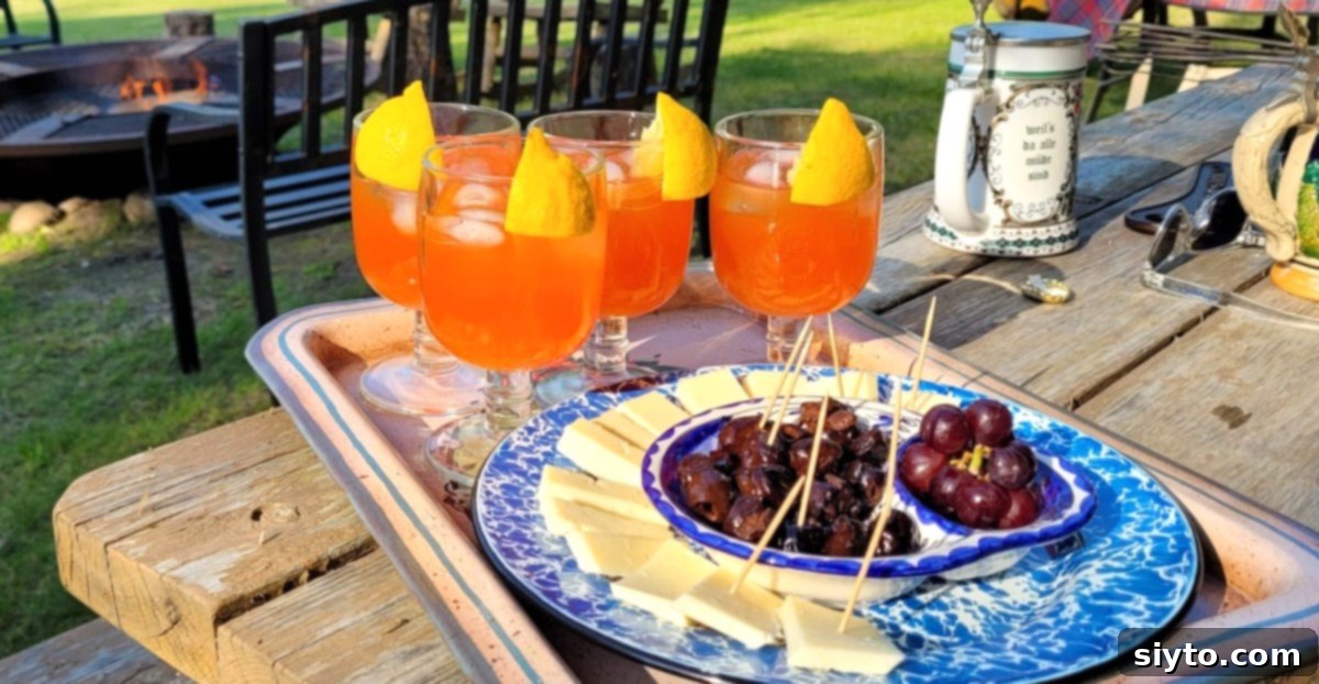 A beautifully arranged tray featuring four vibrant orange Paper Plane cocktails, accompanied by a blue enamel plate piled with exquisite Gruyere cheese, rich black Provencal olives, and succulent red grapes, showcasing a delightful appetizer spread.