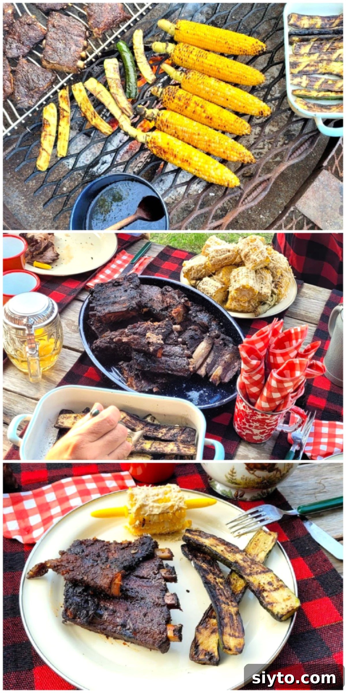 A vibrant collage of photos showcasing the spicy rib dinner experience, from ribs sizzling on the grill to a beautifully plated meal and a full picnic table ready for enjoyment.