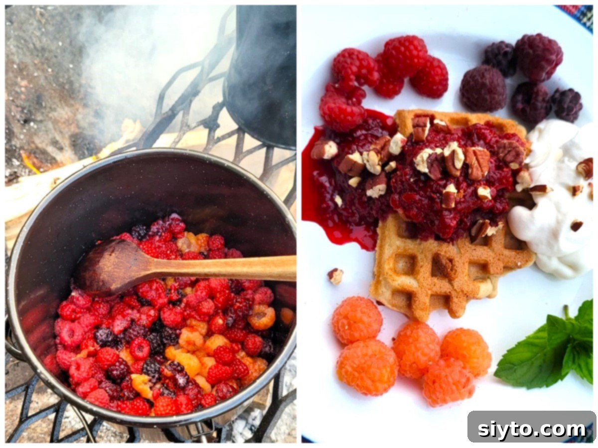 A two-photo collage showcasing a pot of fresh raspberries stewing over a campfire, alongside a dessert plate featuring a fluffy waffle, three colors of fresh raspberries, warm compote, and crunchy chopped pecans.
