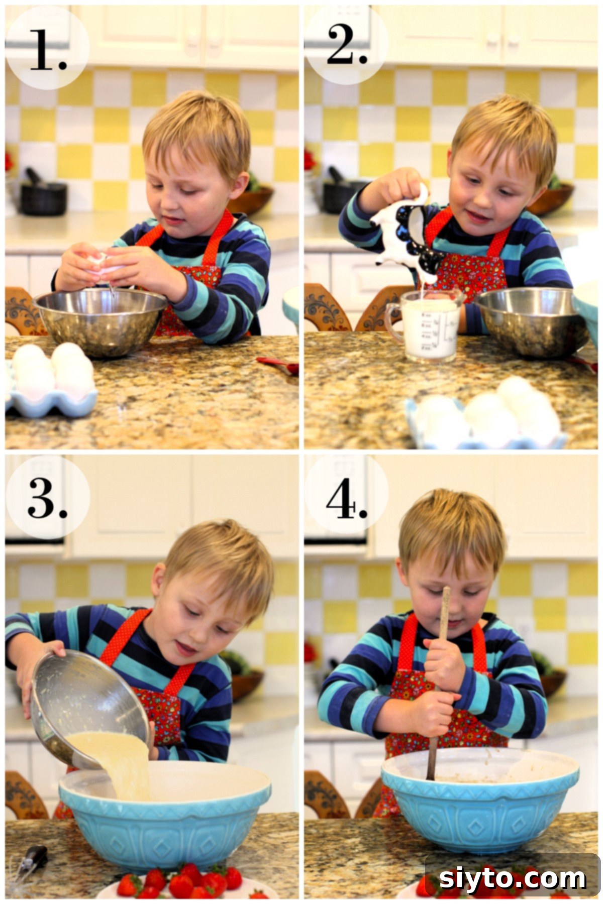 Collage of 4 photos showing Caleb making the muffin batter. 1. cracking the egg 2. measuring the milk 3. pouring the liquid ingredients into the dry in the bowl 3. stirring the batter with a wooden spoon.