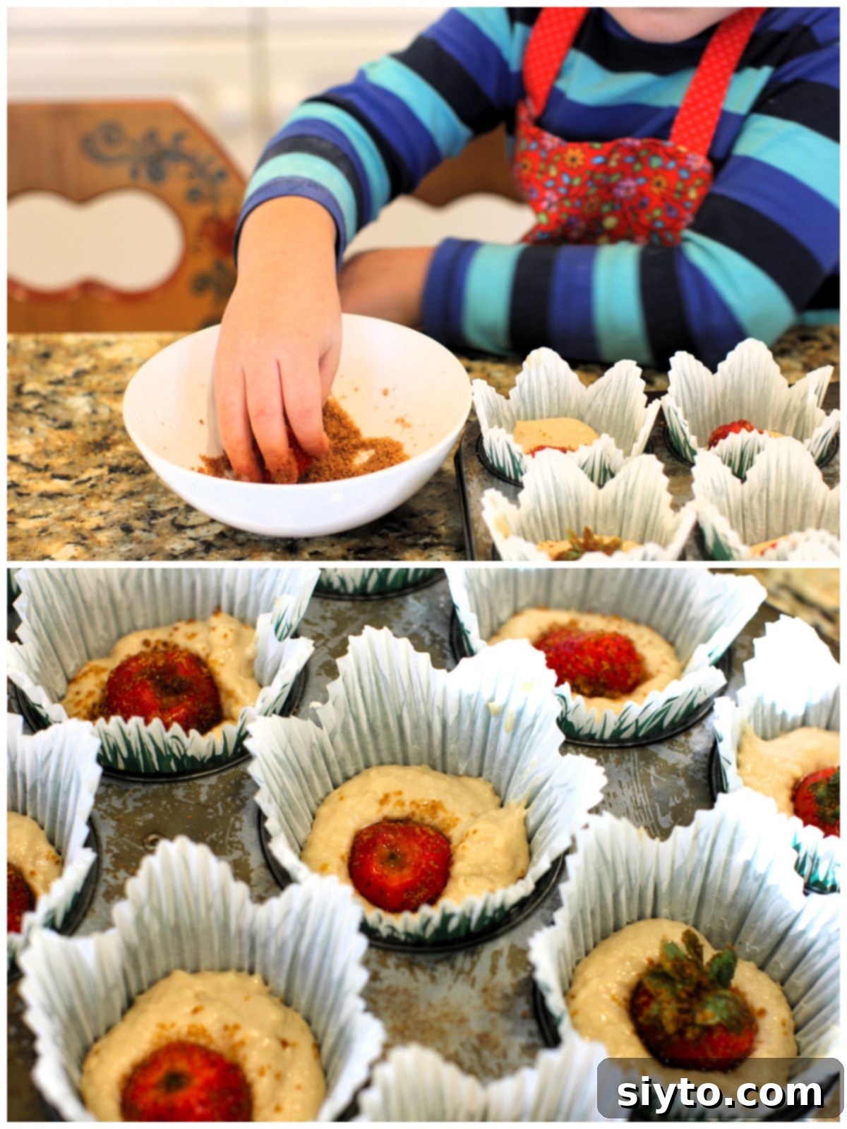 top photo - Caleb rolling a strawberry in coconut sugar. Bottom photo - the muffin cups filled and with a sugared strawberry pushed into the center of each one.