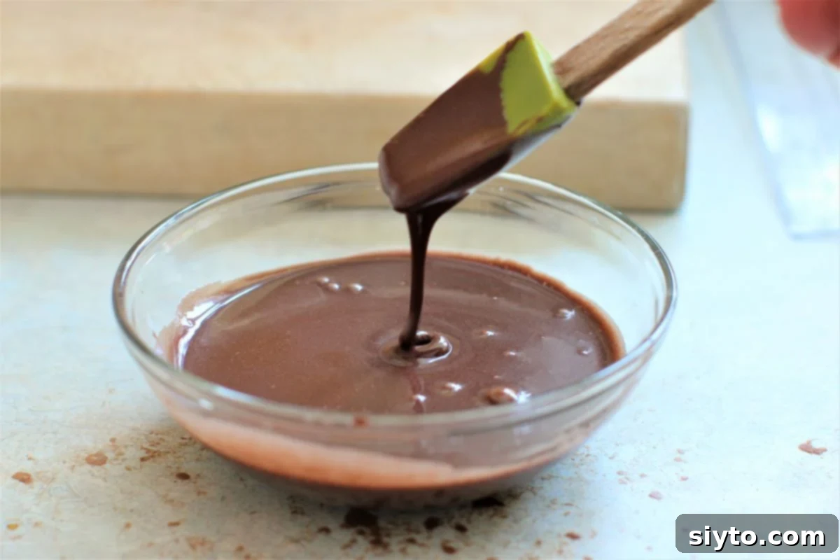lifting a spoonful of chocolate icing and letting it dribble back into the bowl.