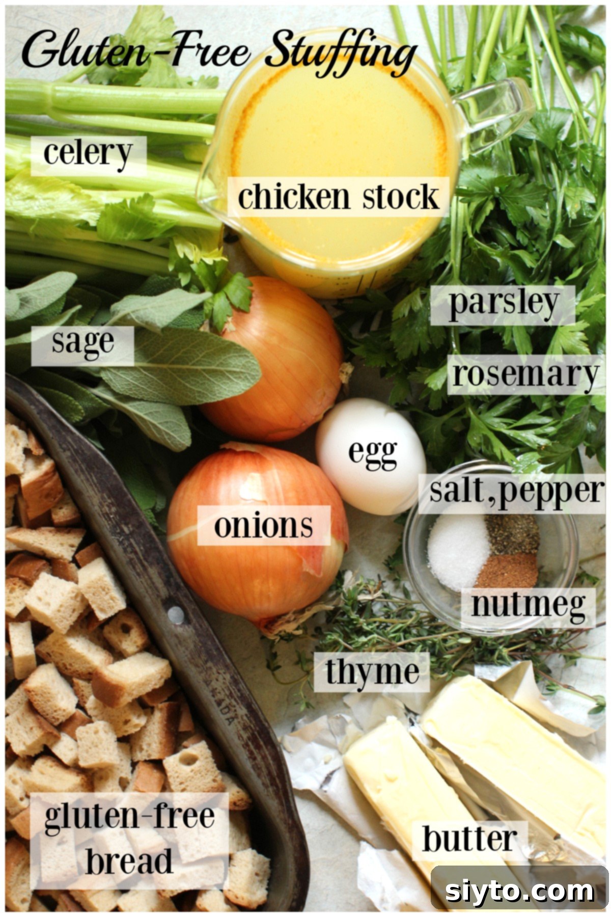 All the necessary ingredients for gluten-free stuffing neatly arranged and labeled on a countertop, including bread, celery, onions, butter, and various herbs.