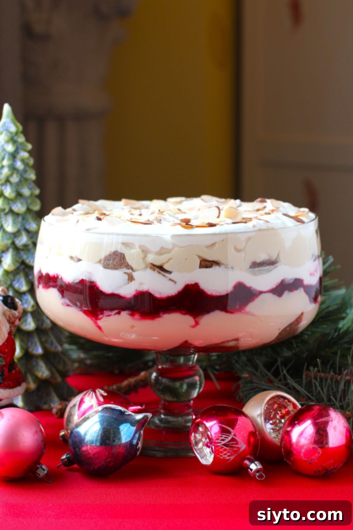 smaller Christmas trifle in a footed bowl