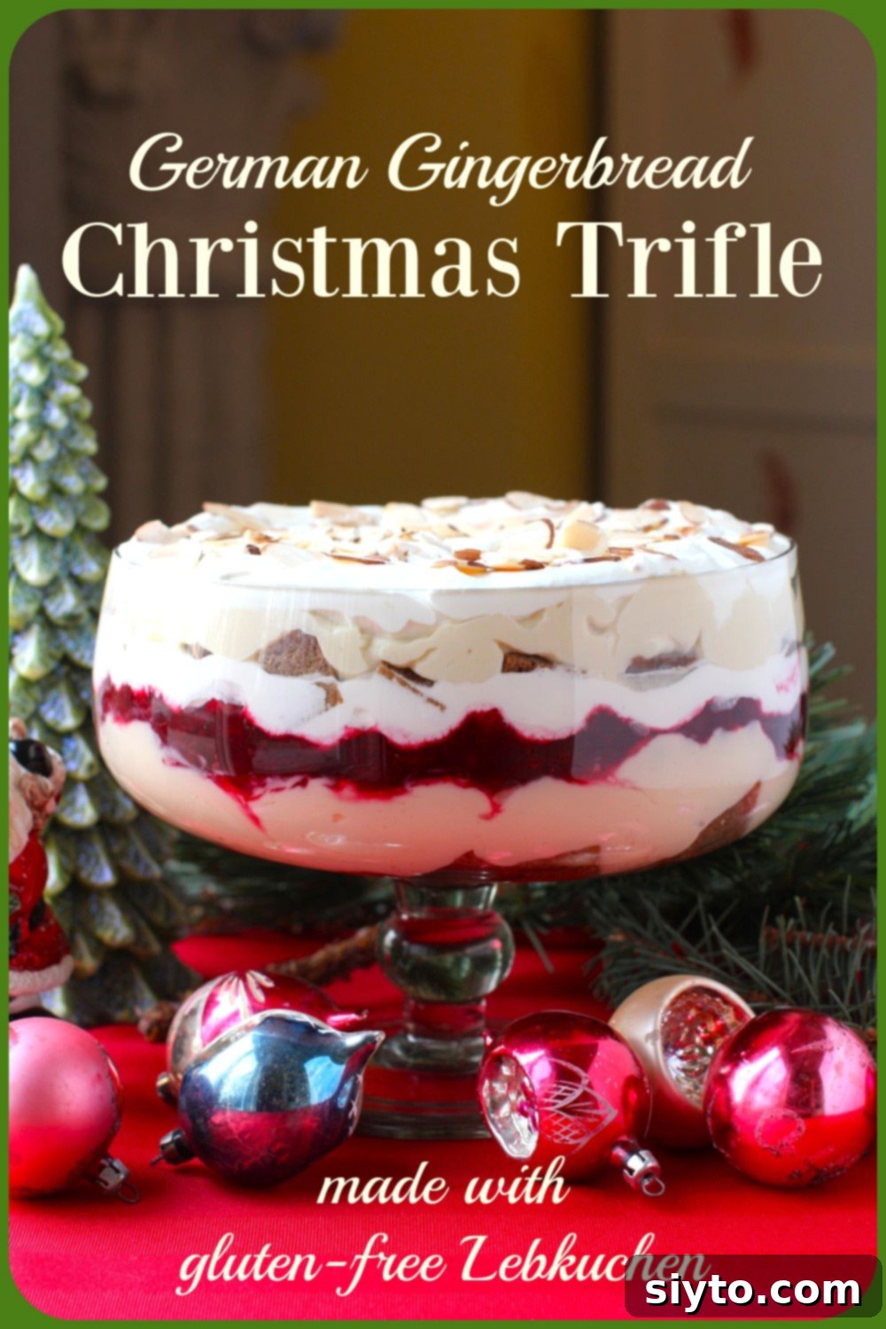 Trifle banner with a half batch of smaller trifle in a footed glass bowl.
