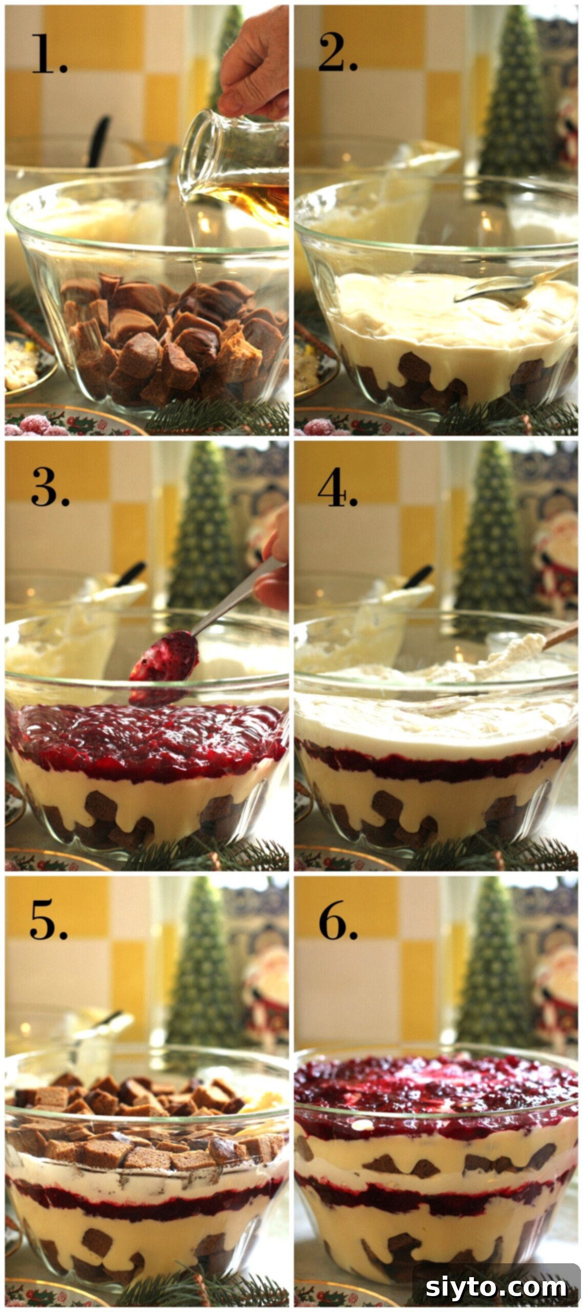 collage of steps for how to layer a Christmas trifle.