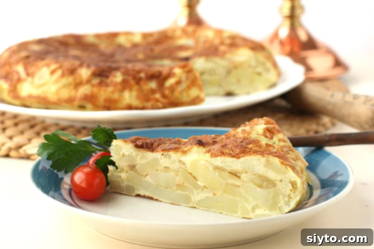 a wedge of tortilla de patatas on a plate with a few cherry tomatoes, close-up view so you can see the potato slices.