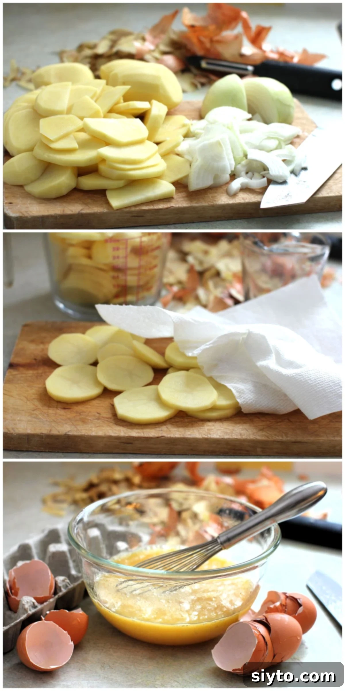 collage of three photos showing how to prepare the potatoes, onions, and eggs.