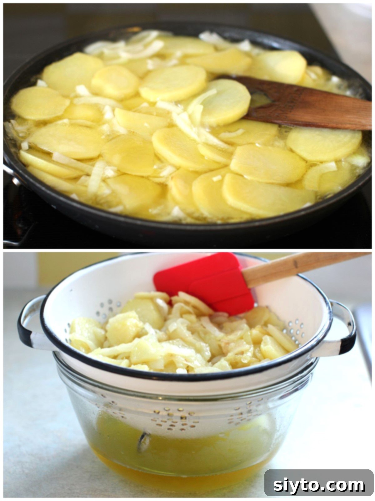 Two photo collage showing potatoes frying, and draining in colander.