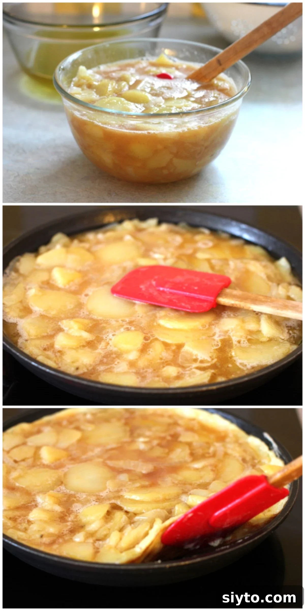 3 photo collage of cooking the potatoes and eggs in the skillet.